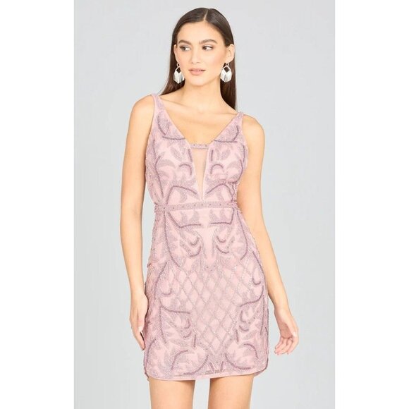 NEW Lara 29176 Deep V Beaded Mini Dress Lined Size 6 in PINK Cashmere - Picture 1 of 7
